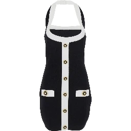 فستان أسود بياقة مربعة وأزرار مزخرفة من مزيج الفسكوز للنساء