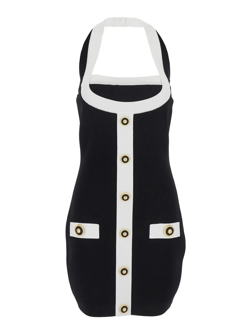 Black Dress with Square Neckline and Decorative Buttons in Viscose Blend Women