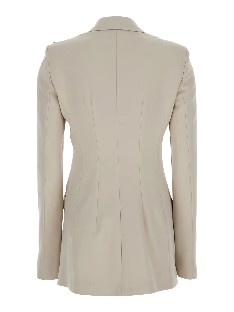 Frizzo Beige Double-Breasted Jacket with Peak Revers in Tech Fabric Stretch Woman