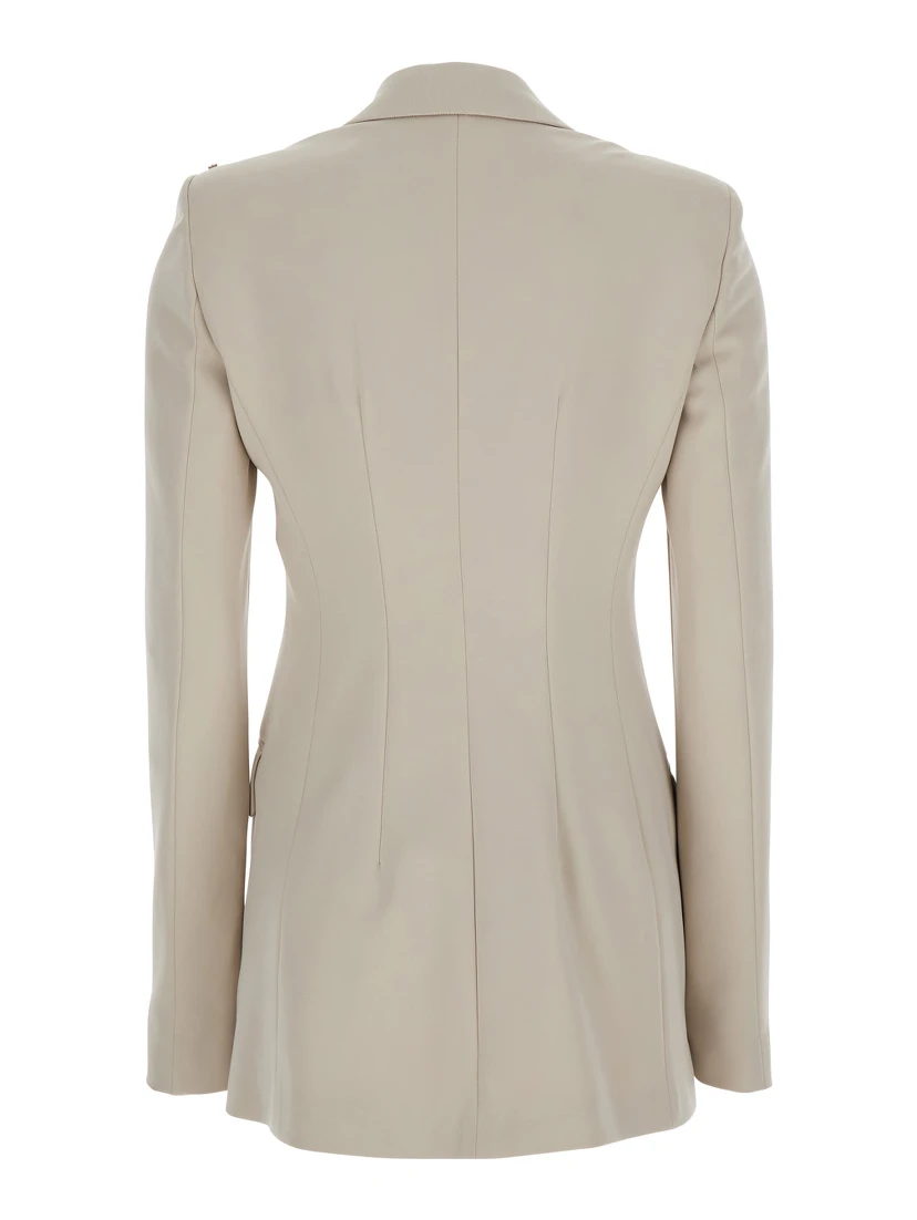 Frizzo Beige Double-Breasted Jacket with Peak Revers in Tech Fabric Stretch Woman