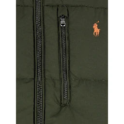 Green Down Jacket with Fixed Hood and Embroidered Pony Logo on Chest in Tech Fabric Man