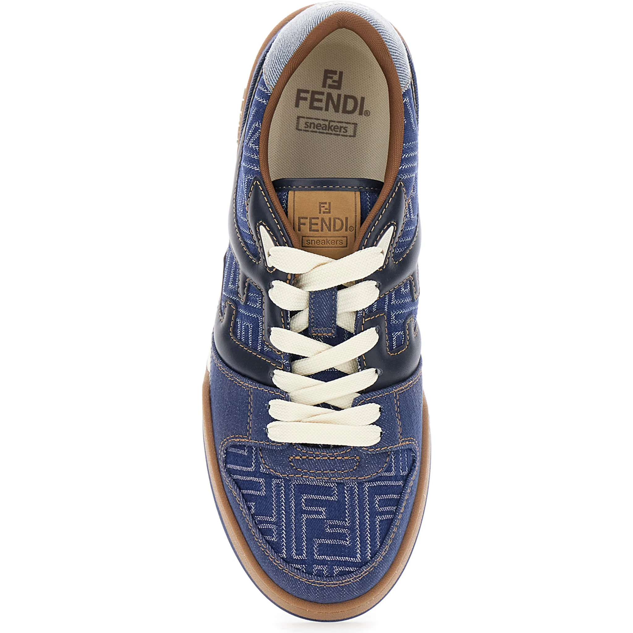 Blue Low Top Sneakers with Logo Patch on the Tongue in FF Canvas and Leather Man