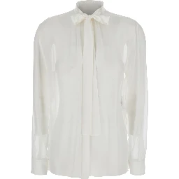 White Shirt with Pussy-Bow Collar in SIlk Woman