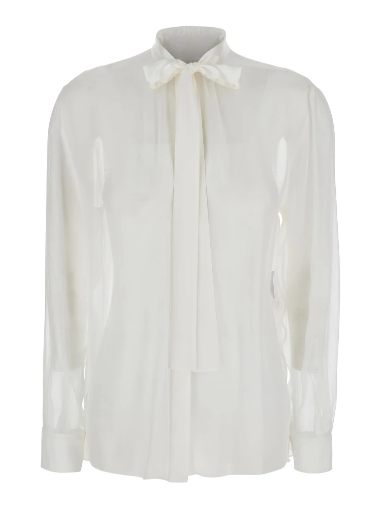 White Shirt with Pussy-Bow Collar in SIlk Woman