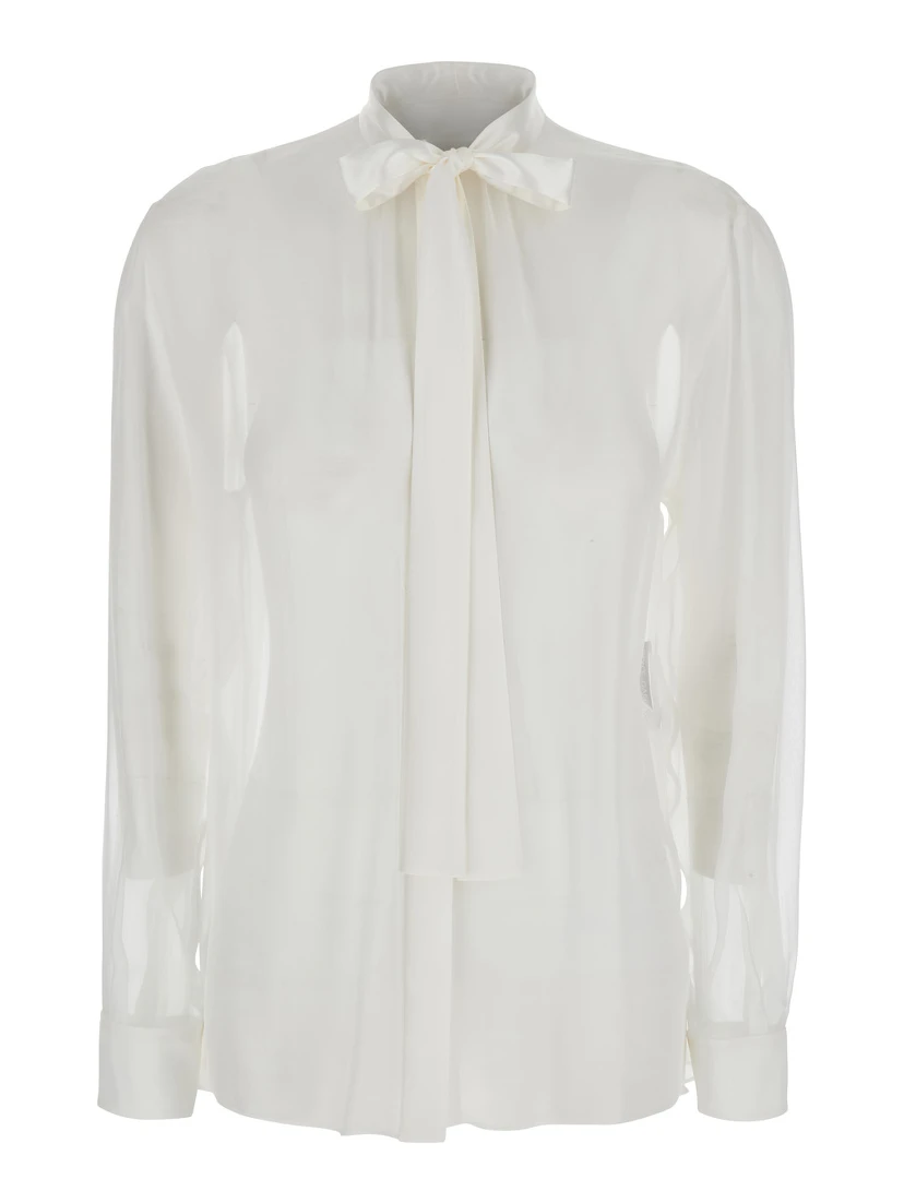 White Shirt with Pussy-Bow Collar in SIlk Woman