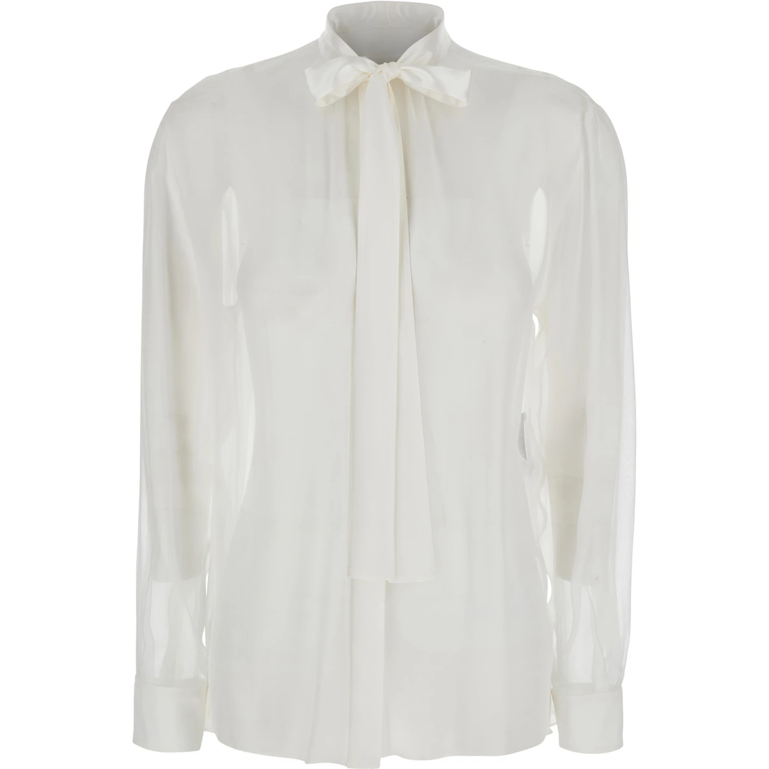 White Shirt with Pussy-Bow Collar in SIlk Woman