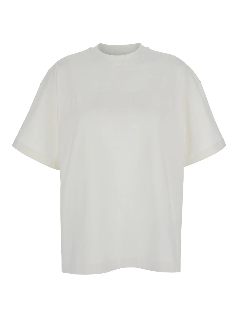 White Crewneck T-Shirt with Tonal Logo Print on the Front in Cotton Woman
