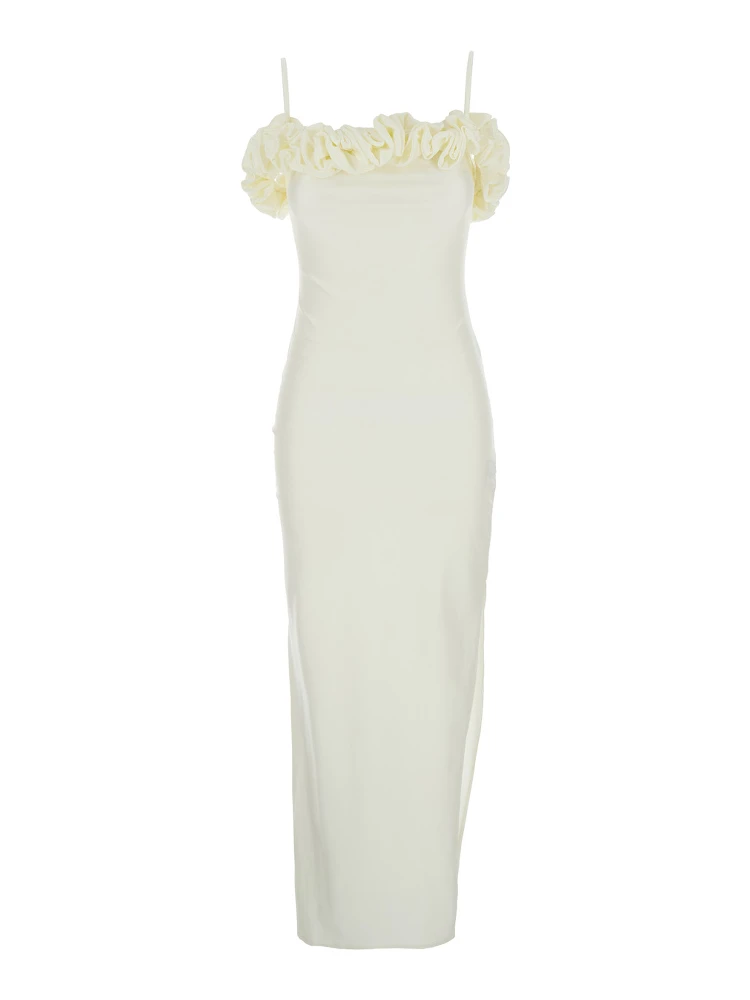 White Sleeveless Long Dress with Ruched Detail and Asymmetric Hem in Tech Fabric Stretch Woman