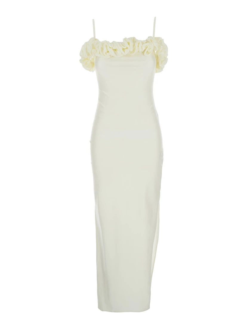 White Sleeveless Long Dress with Ruched Detail and Asymmetric Hem in Tech Fabric Stretch Woman