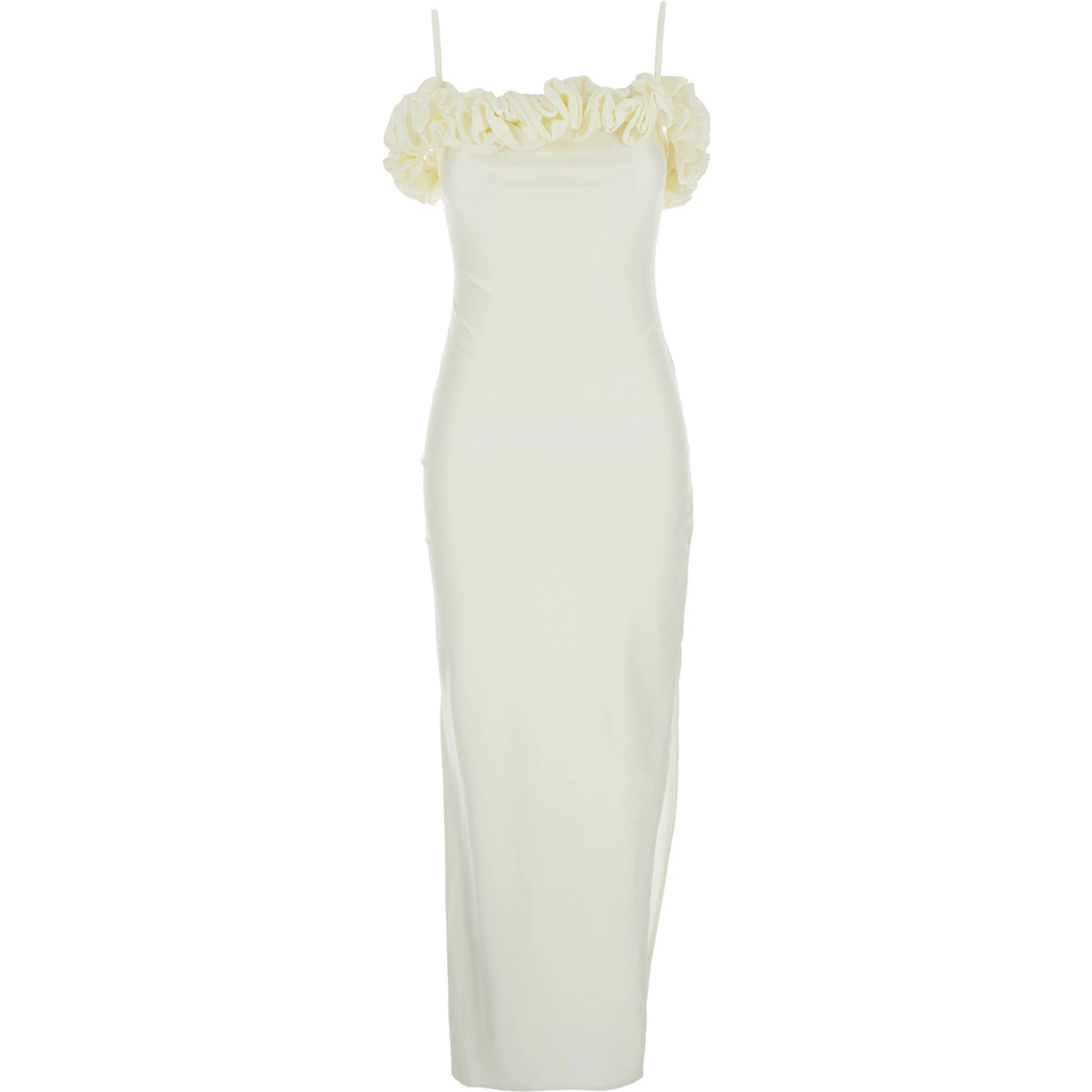 White Sleeveless Long Dress with Ruched Detail and Asymmetric Hem in Tech Fabric Stretch Woman