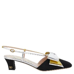 Black Slingback Décolleté with Oversized Bow on the Front in Leather and Viscose Blend Woman