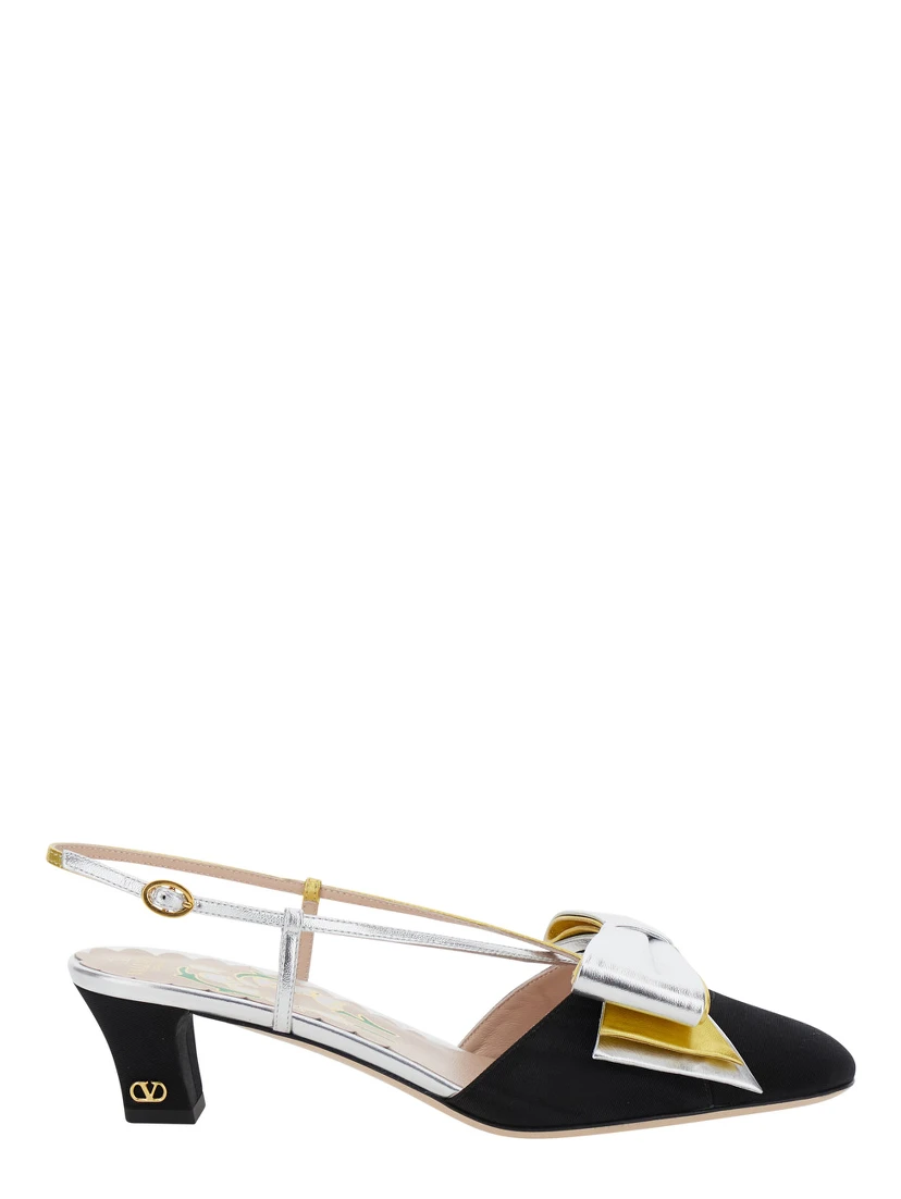 Black Slingback Décolleté with Oversized Bow on the Front in Leather and Viscose Blend Woman