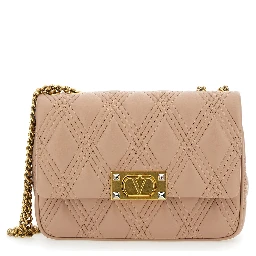 Quiltie 67 Pink Shoulder Bag with VLogo Metallic Plate on the Front in Quilted Leather Woman