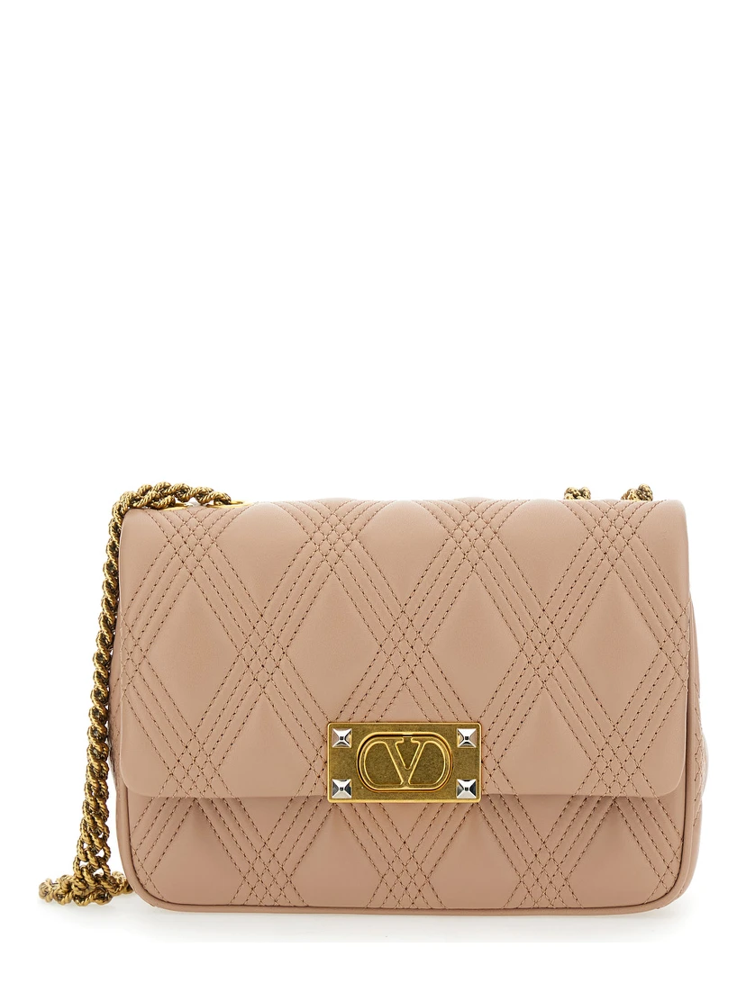 Quiltie 67 Pink Shoulder Bag with VLogo Metallic Plate on the Front in Quilted Leather Woman