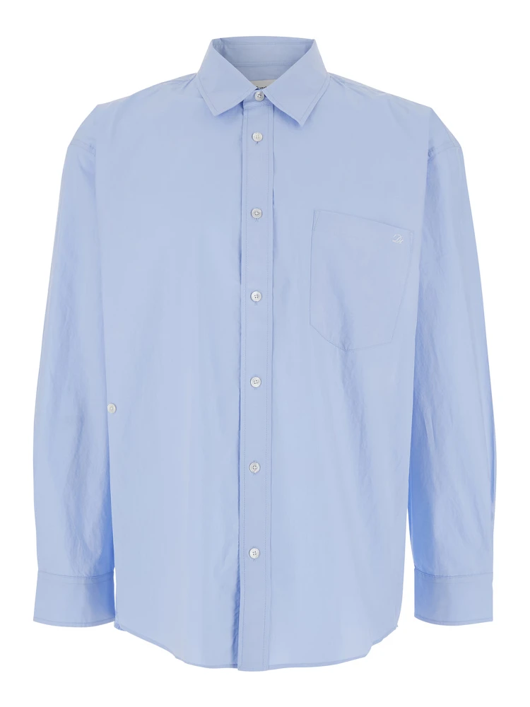 Light Blue Shirt with Patch Pocket on the Front and Embroidered Logo in Cotton Poplin Man