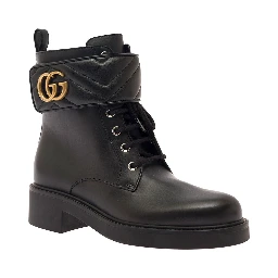 Black Ankle Boot with Double G and Textured Hardware in Leather Woman