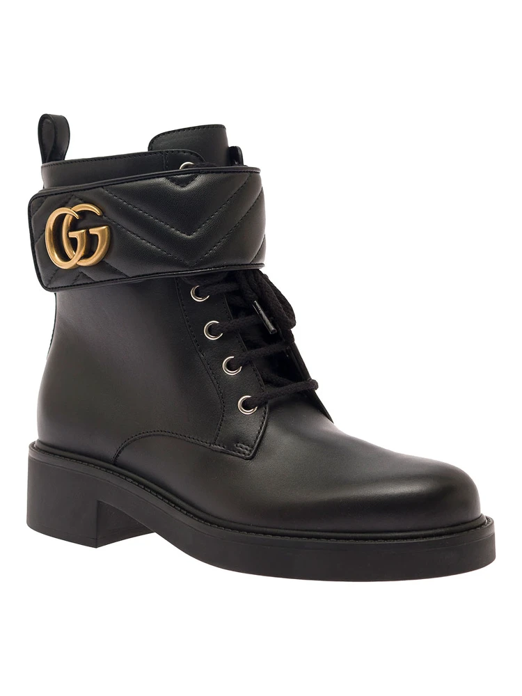 Black Ankle Boot with Double G and Textured Hardware in Leather Woman alternative