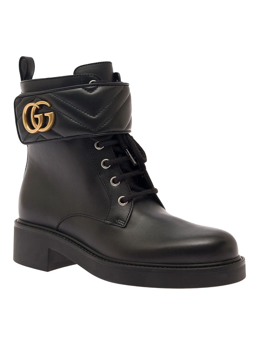 Black Ankle Boot with Double G and Textured Hardware in Leather Woman