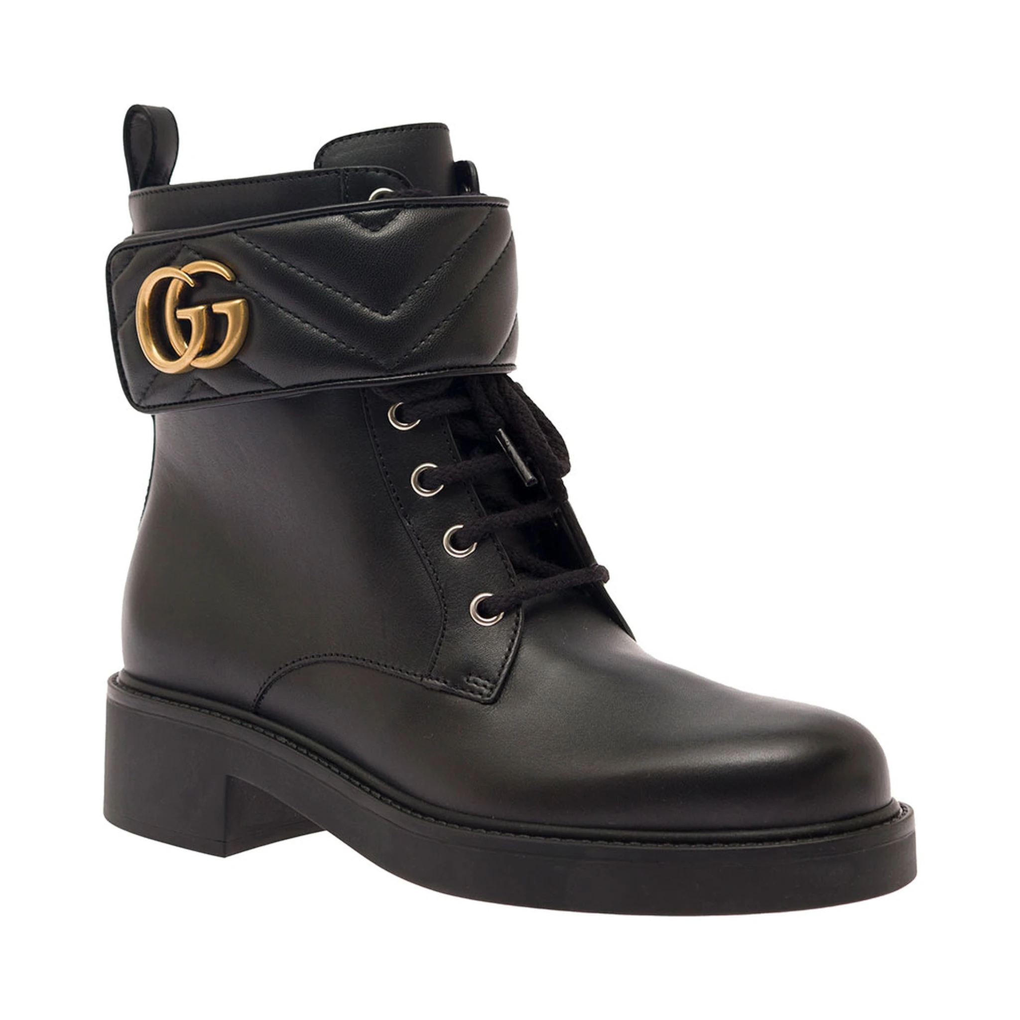 Black Ankle Boot with Double G and Textured Hardware in Leather Woman