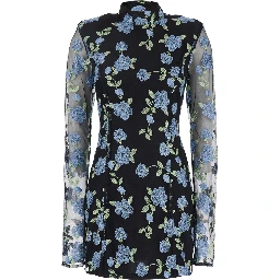 Black High Neck Mini Dress with Semi Sheer Sleeves and All-Over Floral Motif in Tech Fabric Woman
