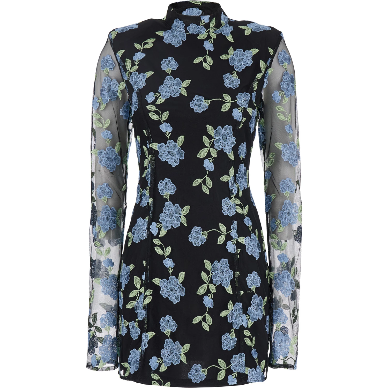 Black High Neck Mini Dress with Semi Sheer Sleeves and All-Over Floral Motif in Tech Fabric Woman