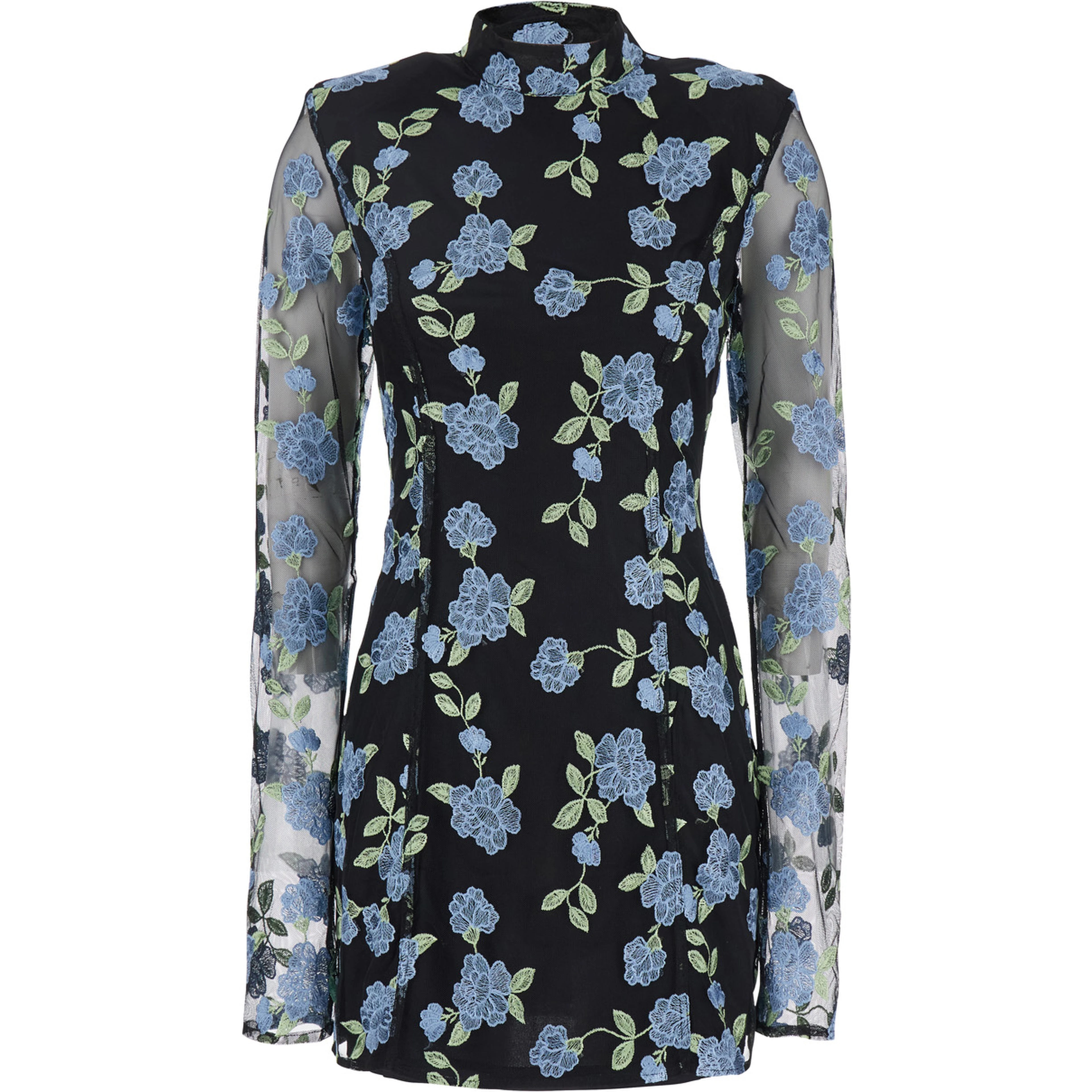 Black High Neck Mini Dress with Semi Sheer Sleeves and All-Over Floral Motif in Tech Fabric Woman