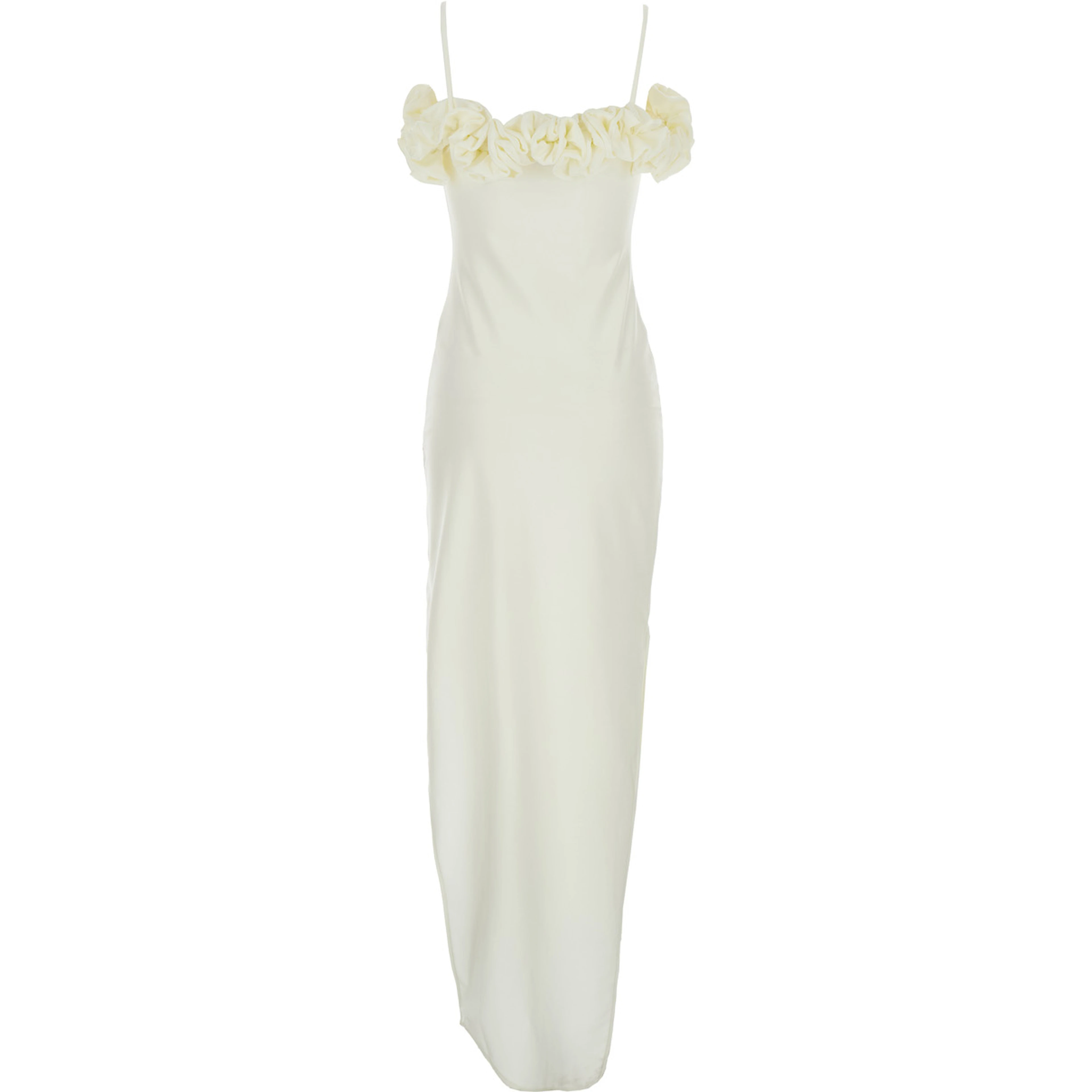 White Sleeveless Long Dress with Ruched Detail and Asymmetric Hem in Tech Fabric Stretch Woman