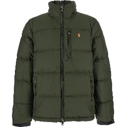 Green Down Jacket with Fixed Hood and Embroidered Pony Logo on Chest in Tech Fabric Man