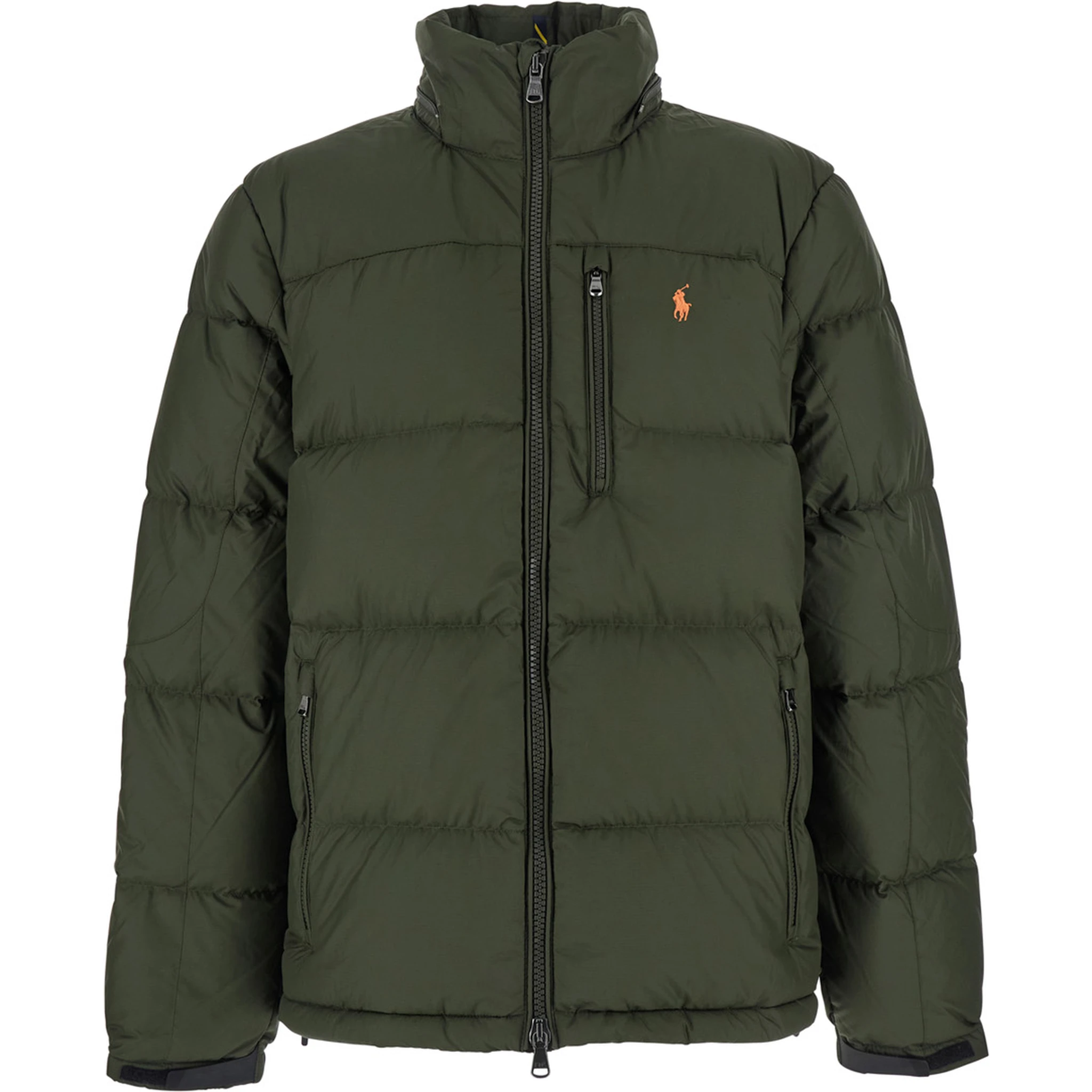 Green Down Jacket with Fixed Hood and Embroidered Pony Logo on Chest in Tech Fabric Man