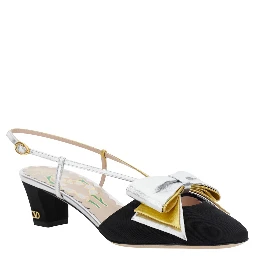 Black Slingback Décolleté with Oversized Bow on the Front in Leather and Viscose Blend Woman