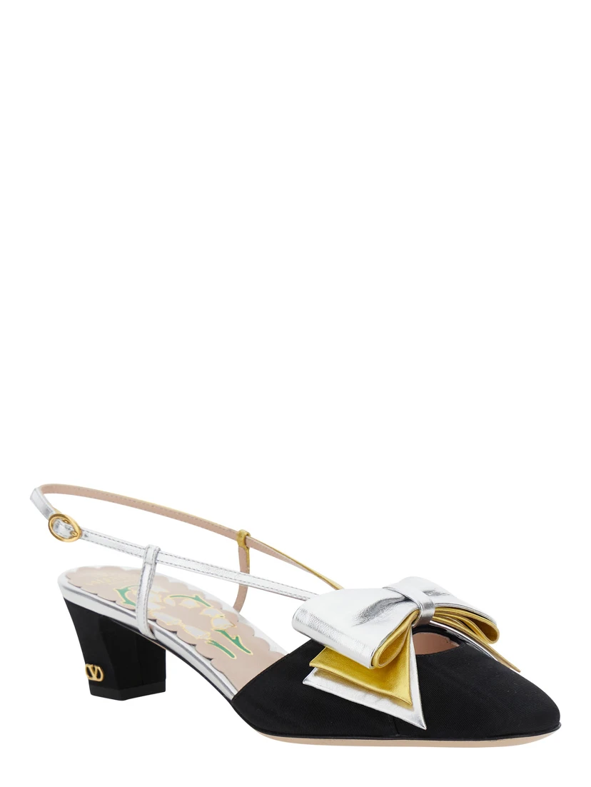 Black Slingback Décolleté with Oversized Bow on the Front in Leather and Viscose Blend Woman