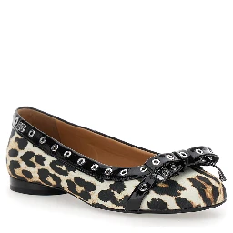 Multicolor Ballet Flats with Eyelets and All-Over Leopard Print in Satin Woman