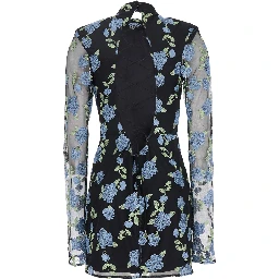 Black High Neck Mini Dress with Semi Sheer Sleeves and All-Over Floral Motif in Tech Fabric Woman