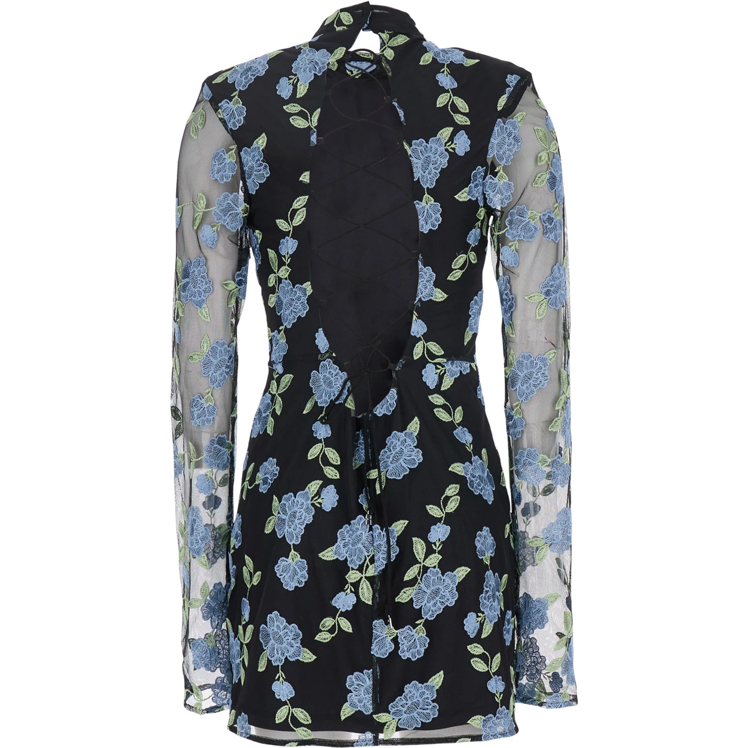 Black High Neck Mini Dress with Semi Sheer Sleeves and All-Over Floral Motif in Tech Fabric Woman
