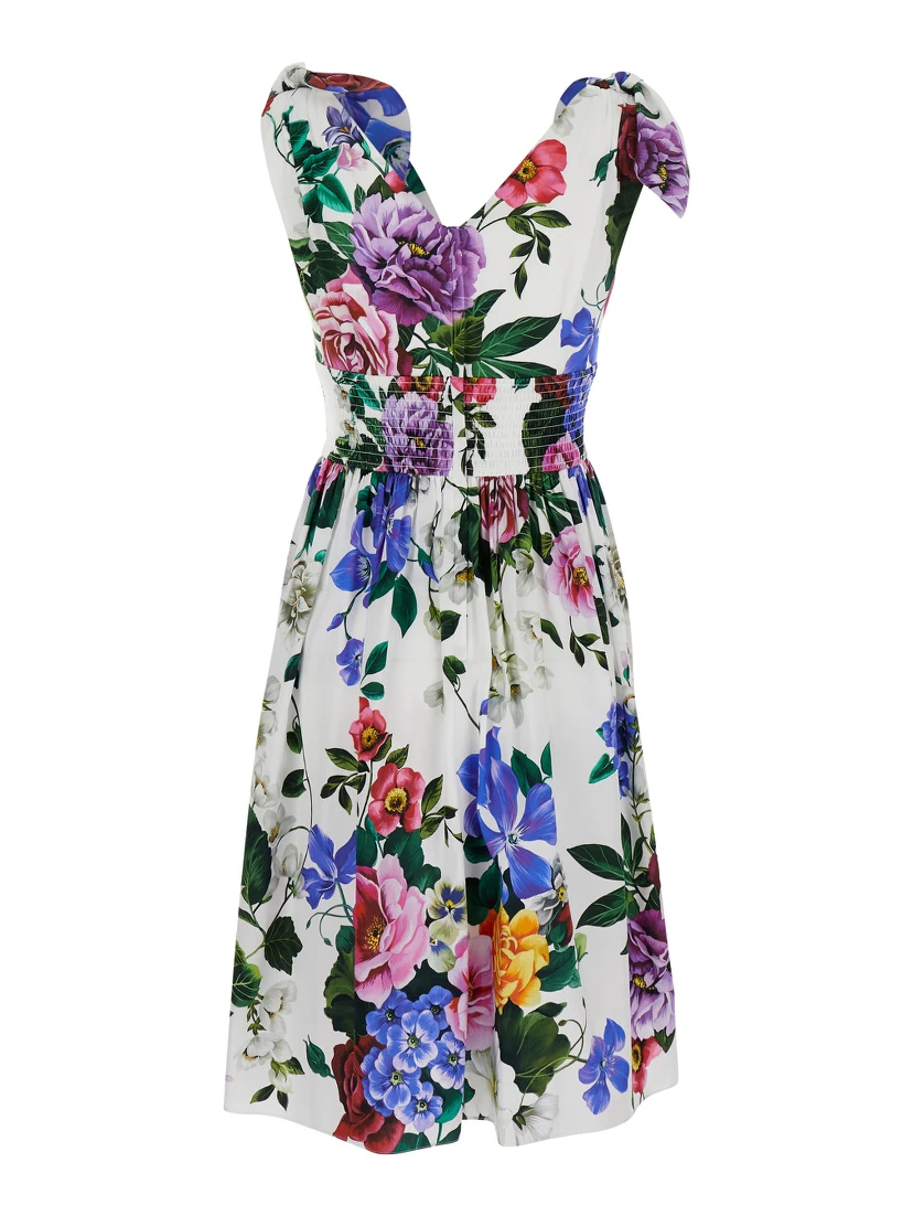 Multicolor Short Dress with All-Over Floral Print in Cotton Woman