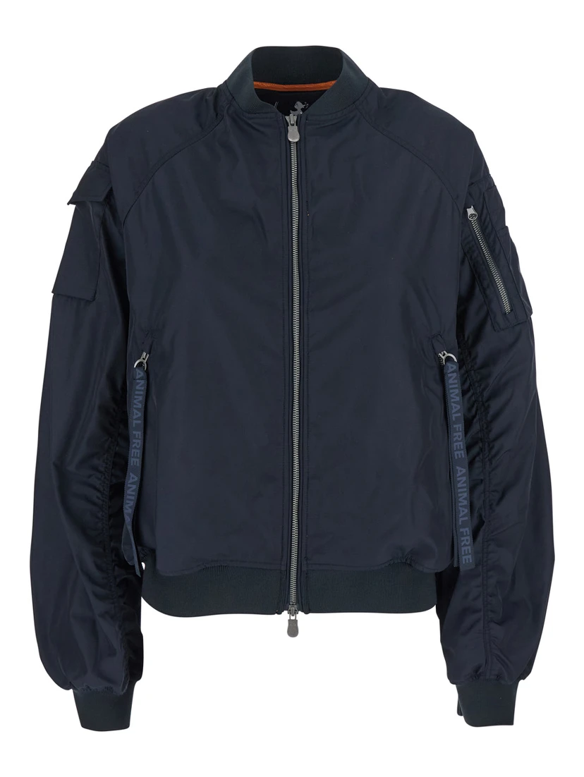 Lil Blue-Black Bomber Jacket with Front Pockets and Logo Patch Applied on the Sleeve in Tech Fabric Woman