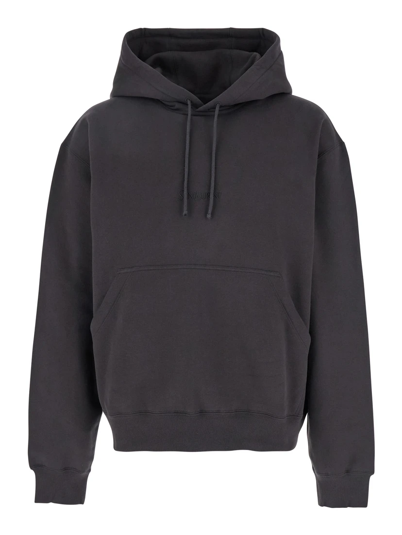 Dark Grey Hoodie with Logo Embroidered on the Front in Cotton Man