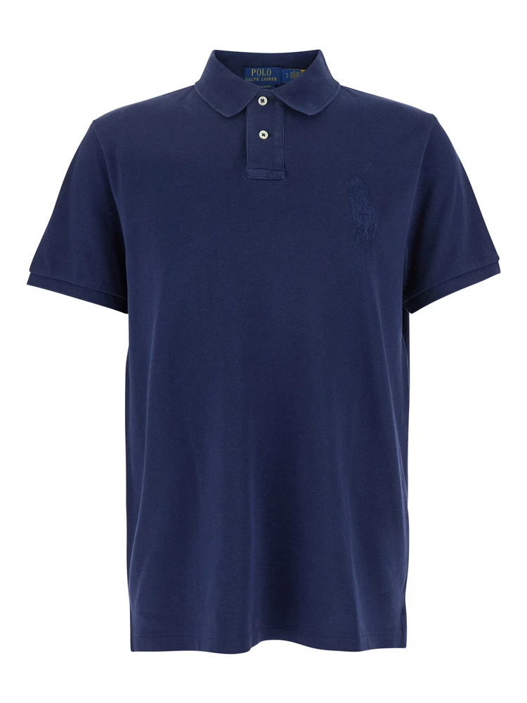 Blue Polo Shirt with Large Pony Detail on the Front in Cotton Piquet Man