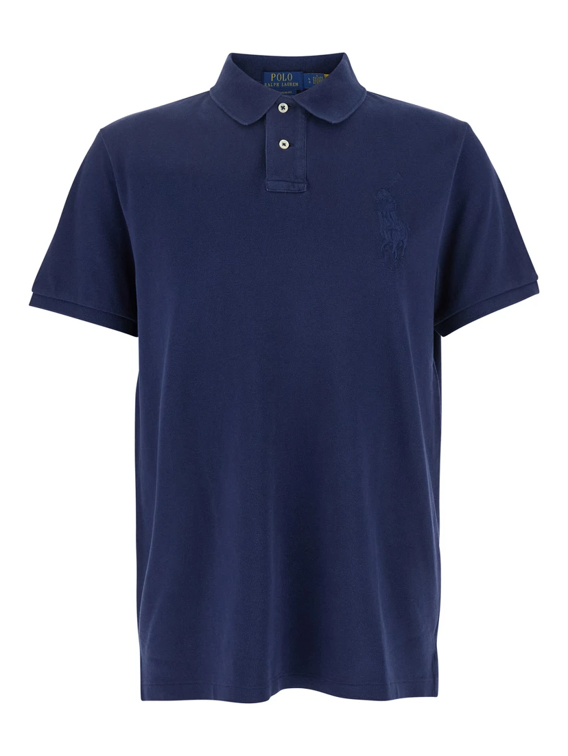Blue Polo Shirt with Large Pony Detail on the Front in Cotton Piquet Man
