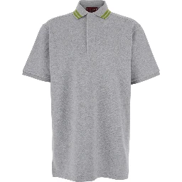 Grey Polo Shirt with Striped Collar and Tone-on-Tone Embroidered Logo on the Front in Cotton Man