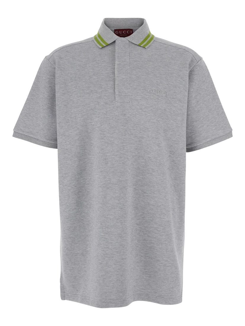 Grey Polo Shirt with Striped Collar and Tone-on-Tone Embroidered Logo on the Front in Cotton Man