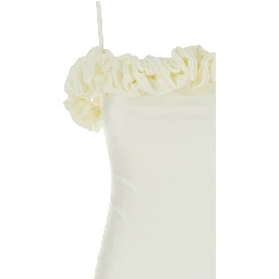 White Sleeveless Long Dress with Ruched Detail and Asymmetric Hem in Tech Fabric Stretch Woman