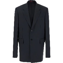 Dark Grey Jacket with Chest Pocket and Embossed Logo in Wool Gabardine Man