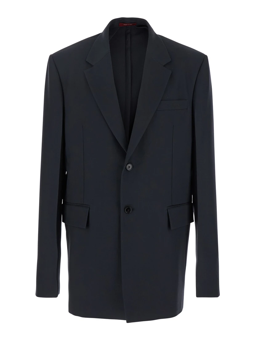 Dark Grey Jacket with Chest Pocket and Embossed Logo in Wool Gabardine Man
