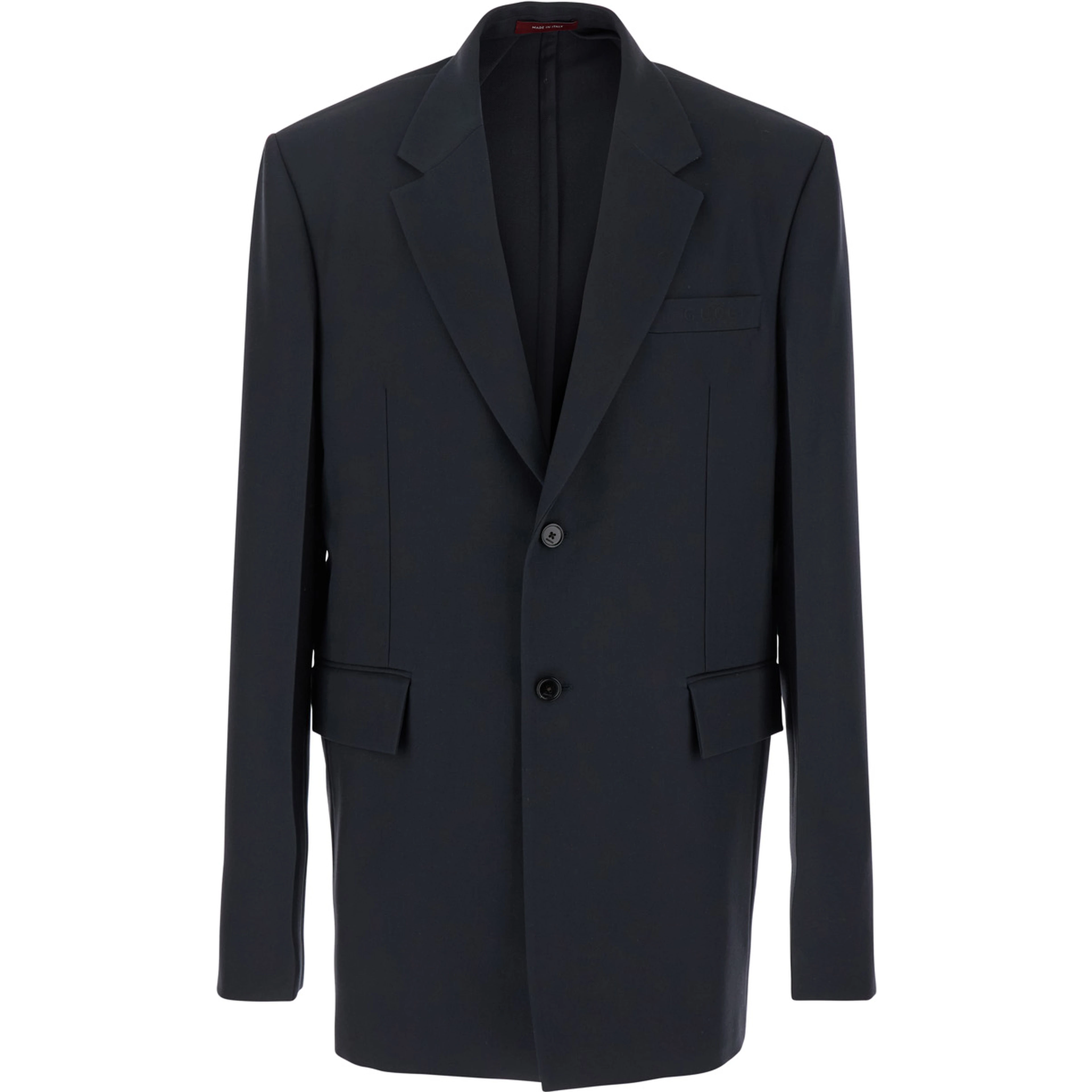 Dark Grey Jacket with Chest Pocket and Embossed Logo in Wool Gabardine Man
