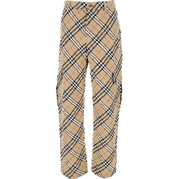 Beige Cargo Pants with Vintage Check Motif in Linen and Cotton Blend Man