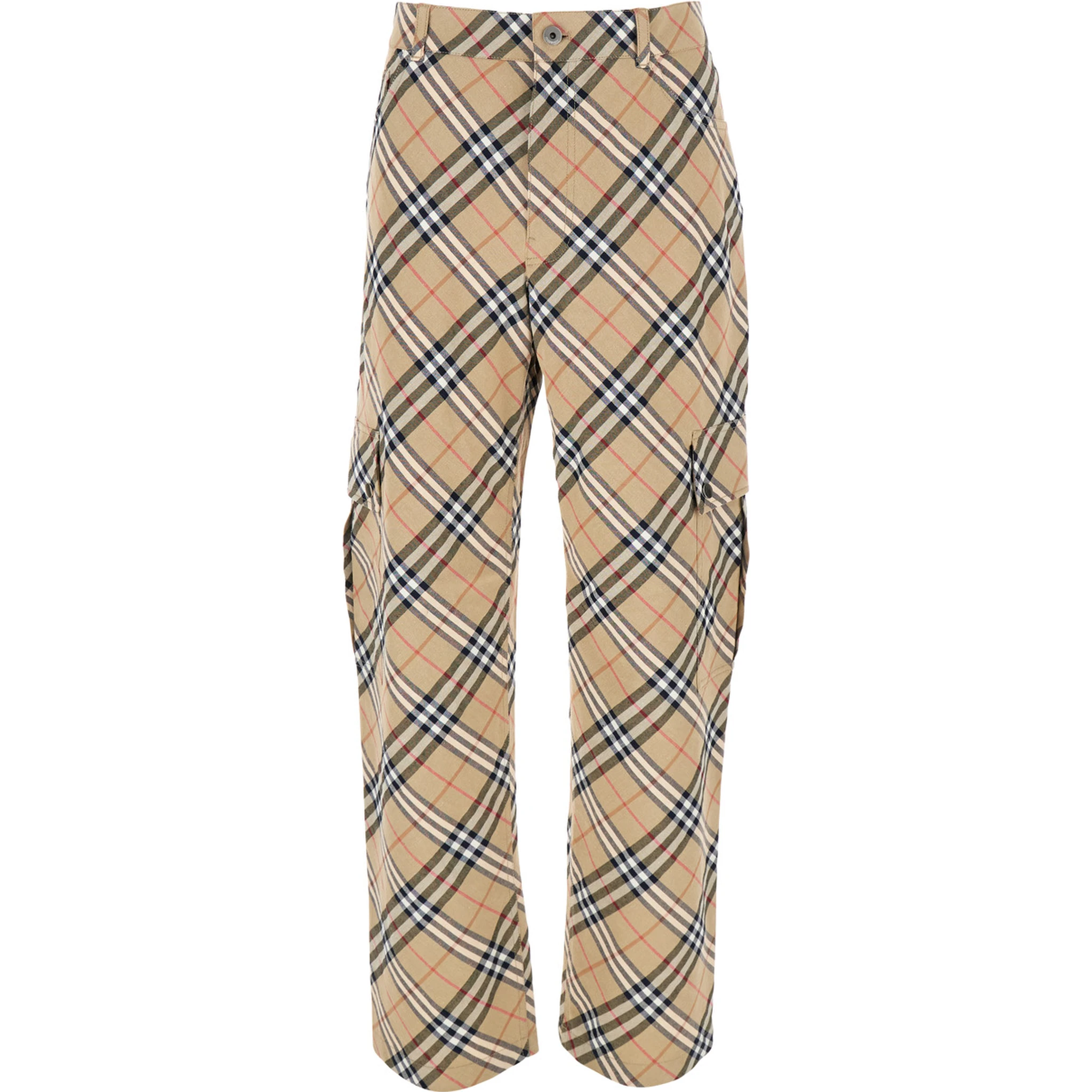 Beige Cargo Pants with Vintage Check Motif in Linen and Cotton Blend Man