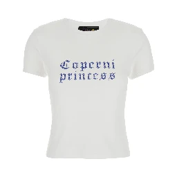 White Crewneck T-Shirt with Maxi Print on the Front and Logo Print on the Rear in Cotton Woman