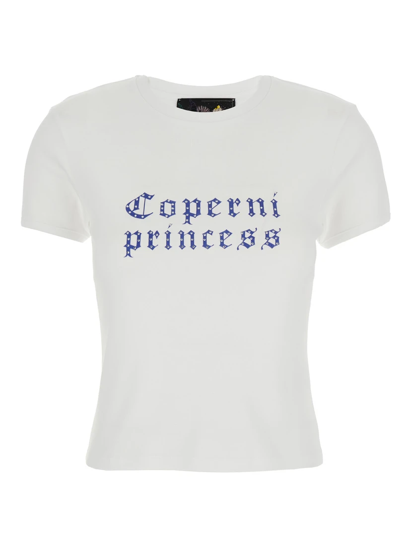 White Crewneck T-Shirt with Maxi Print on the Front and Logo Print on the Rear in Cotton Woman