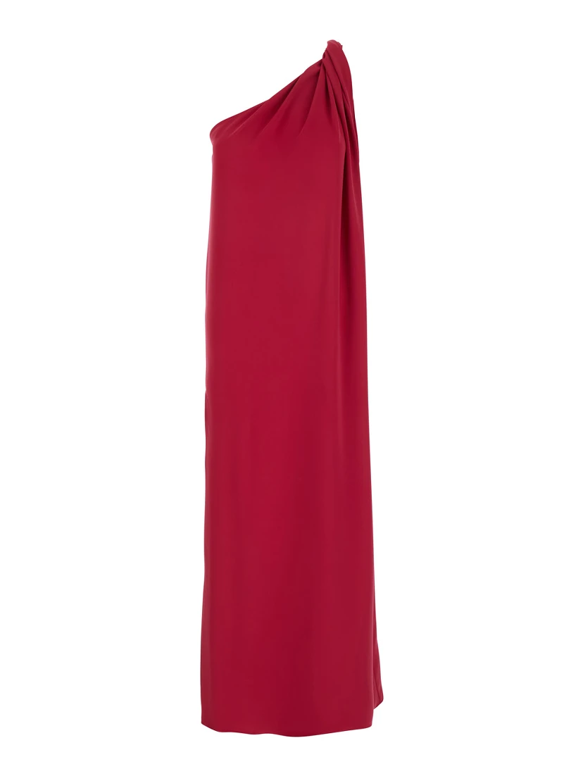 Red One-Shoulder Long Dress in Tech Fabric Woman